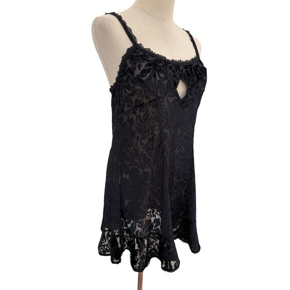 Vtg 90s Intimates By Flora Black Burnout Velvet Babydoll Nightie Lace Keyhole M - Picture 2 of 6